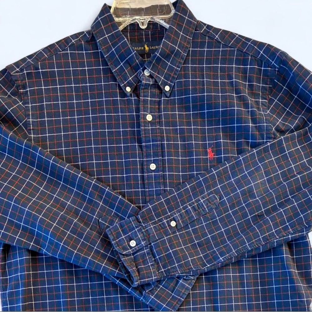 Ralph Lauren Navy Plaid Button-Down Shirt with Red Logo. SZ Large